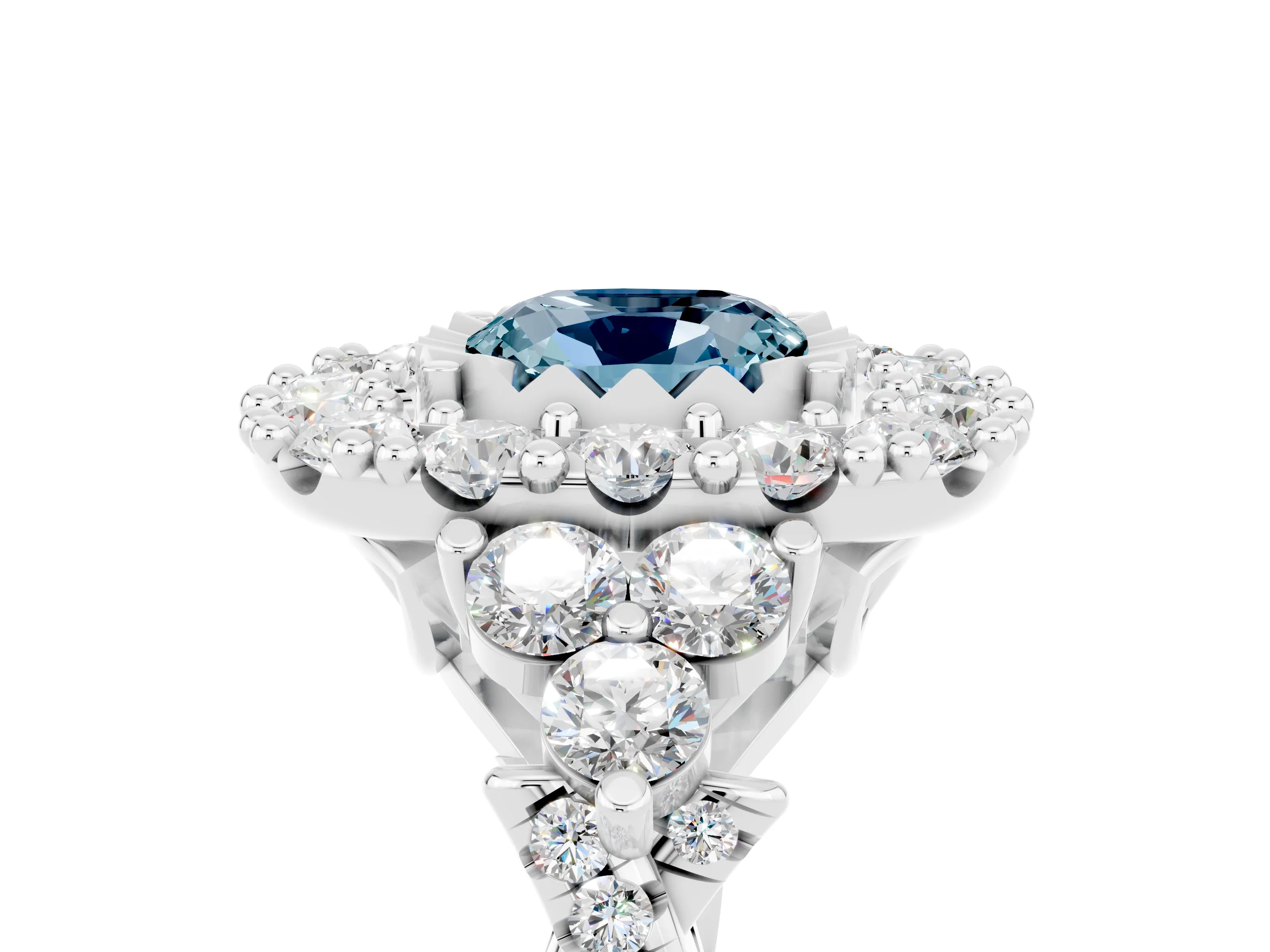 White gold Cushion Cut Aquamarine Halo Ring with Pavé Band and Four-Prong Setting_17