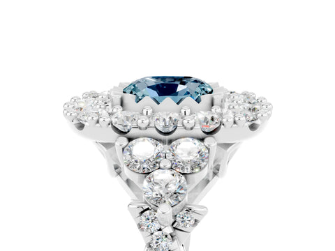 White gold Cushion Cut Aquamarine Halo Ring with Pavé Band and Four-Prong Setting_17