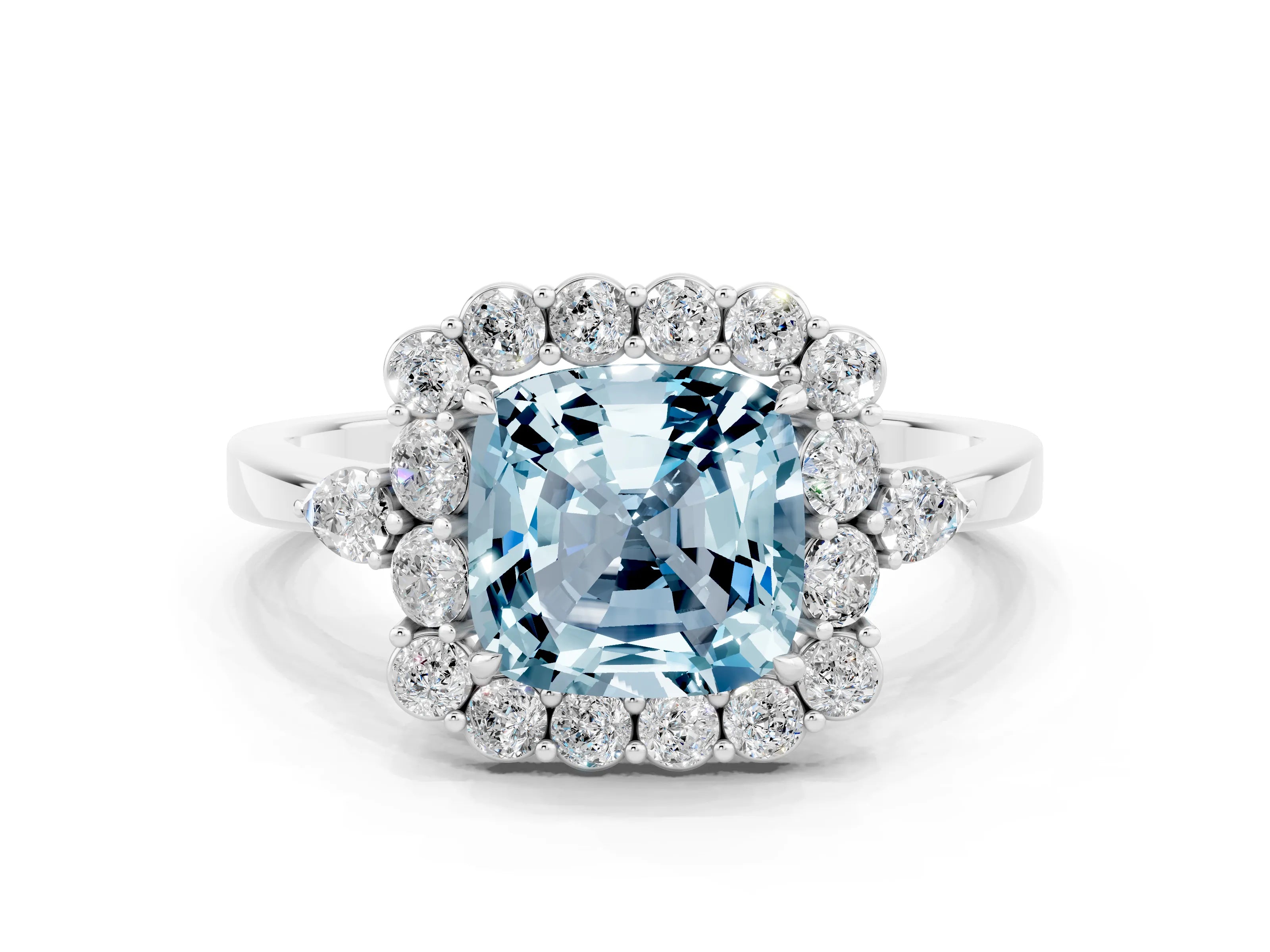 White gold Cushion Cut Aquamarine Halo Ring with Pear Side Stones and Prong Setting_24