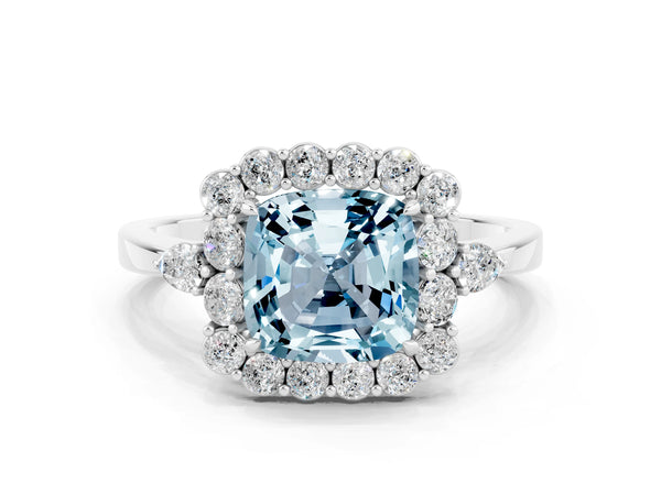 Platinum Cushion Cut Aquamarine Halo Ring with Pear Side Stones and Prong Setting