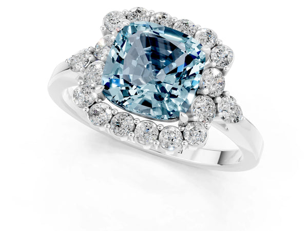 Platinum Cushion Cut Aquamarine Halo Ring with Pear Side Stones and Prong Setting