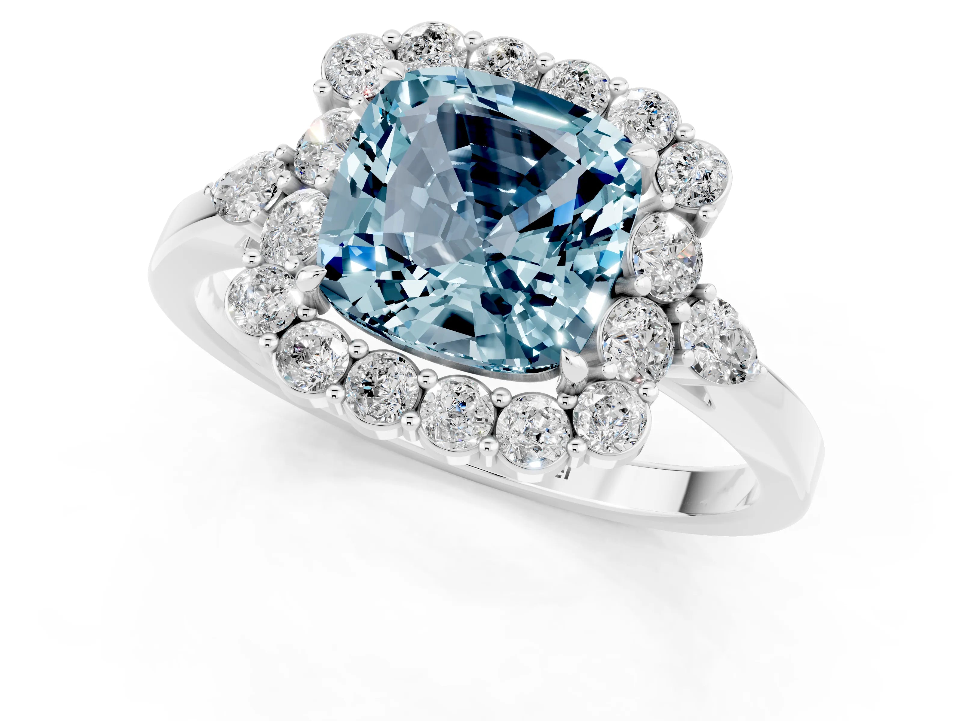 White gold Cushion Cut Aquamarine Halo Ring with Pear Side Stones and Prong Setting_25