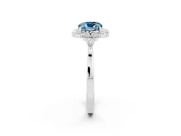White gold Cushion Cut Aquamarine Halo Ring with Pear Side Stones and Prong Setting