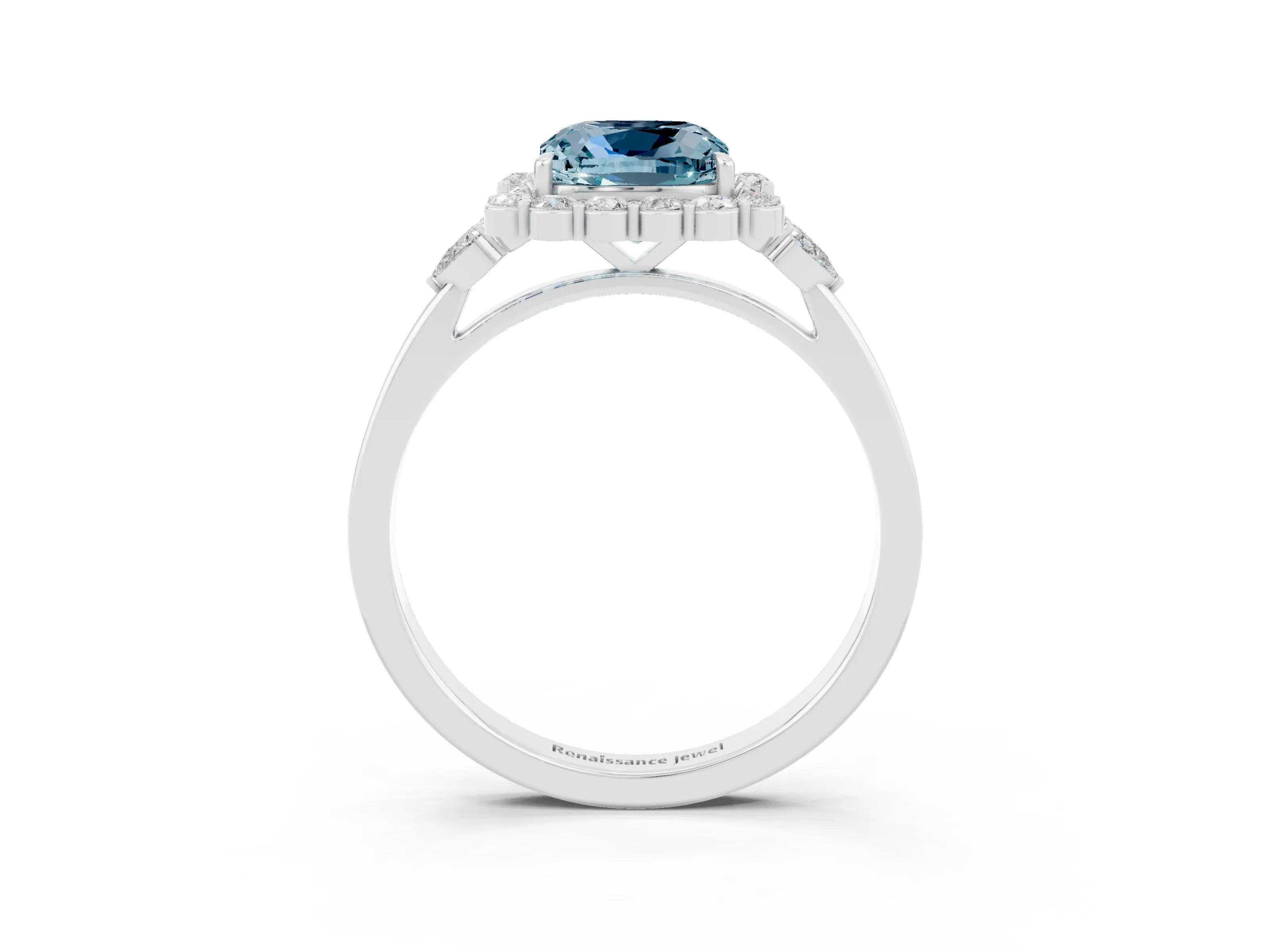 White gold Cushion Cut Aquamarine Halo Ring with Pear Side Stones and Prong Setting_27