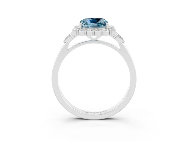Silver Cushion Cut Aquamarine Halo Ring with Pear Side Stones and Prong Setting