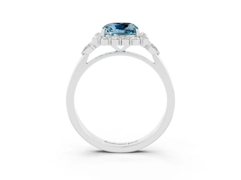 White gold Cushion Cut Aquamarine Halo Ring with Pear Side Stones and Prong Setting_27