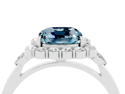 White gold Cushion Cut Aquamarine Halo Ring with Pear Side Stones and Prong Setting_28