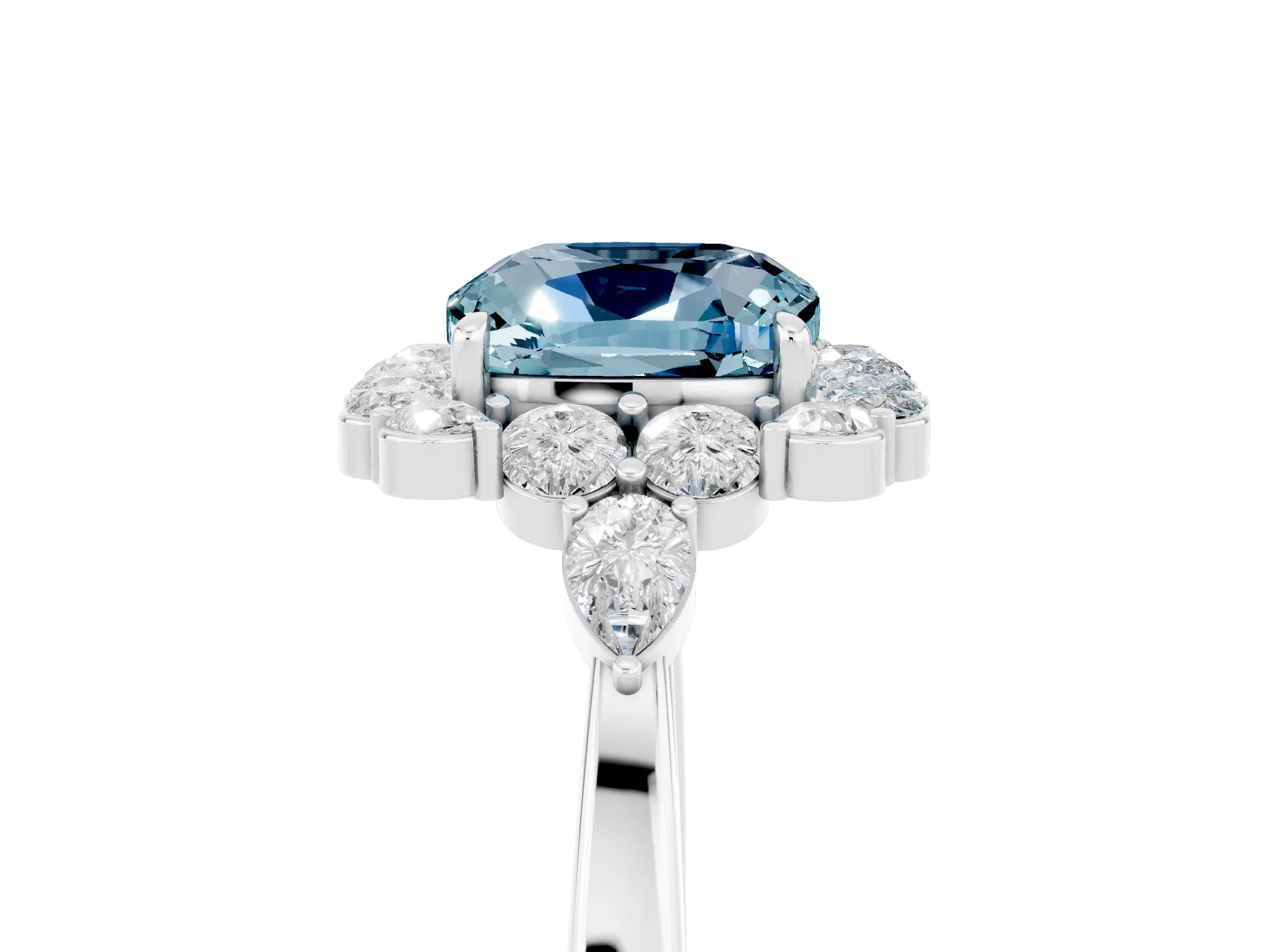 White gold Cushion Cut Aquamarine Halo Ring with Pear Side Stones and Prong Setting_29