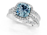 White gold Cushion Cut Aquamarine Halo Ring with Round Split Shank and Prong Setting_62