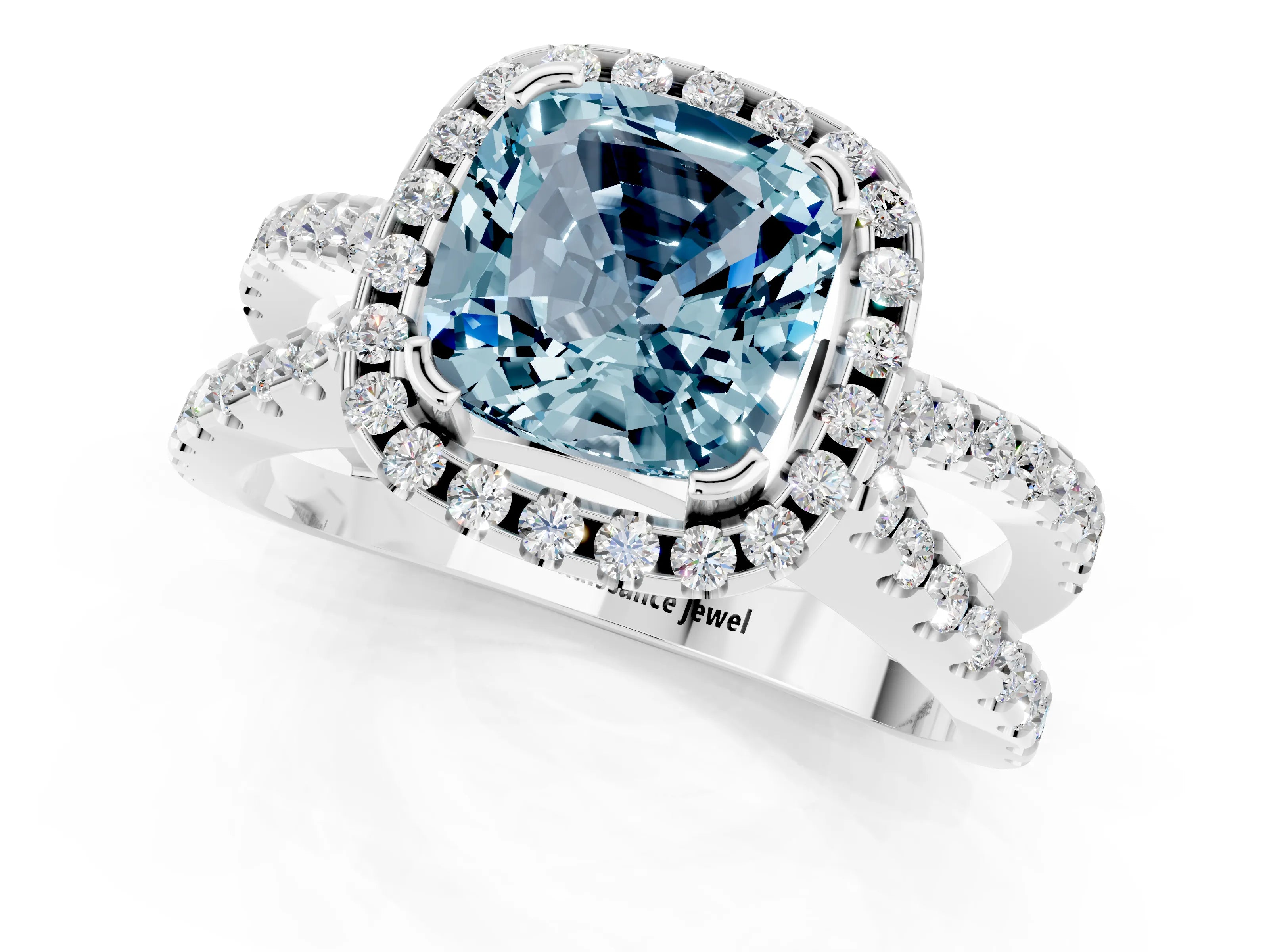 White gold Cushion Cut Aquamarine Halo Ring with Split Shank Pavé Band and Prong Setting_1
