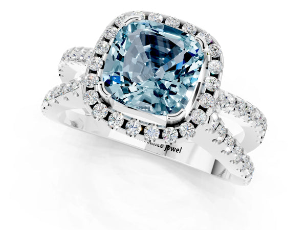 White gold Cushion Cut Aquamarine Halo Ring with Split Shank Pavé Band and Prong Setting