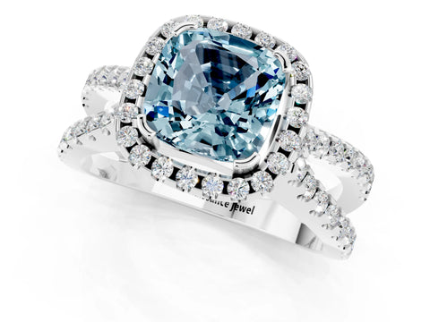 White gold Cushion Cut Aquamarine Halo Ring with Split Shank Pavé Band and Prong Setting_1