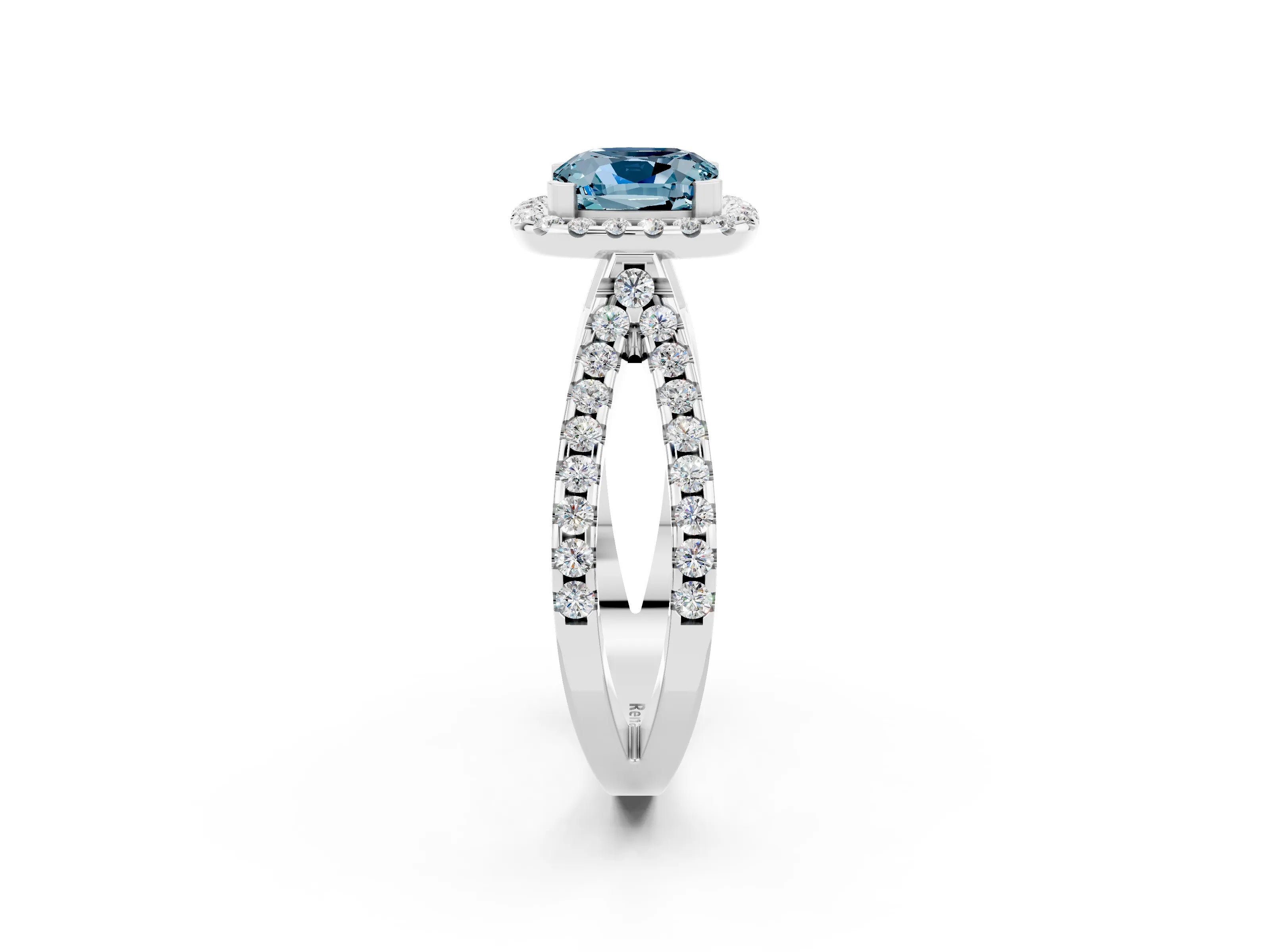 White gold Cushion Cut Aquamarine Halo Ring with Split Shank Pavé Band and Prong Setting_2