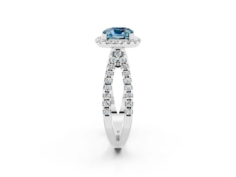 White gold Cushion Cut Aquamarine Halo Ring with Split Shank Pavé Band and Prong Setting_2