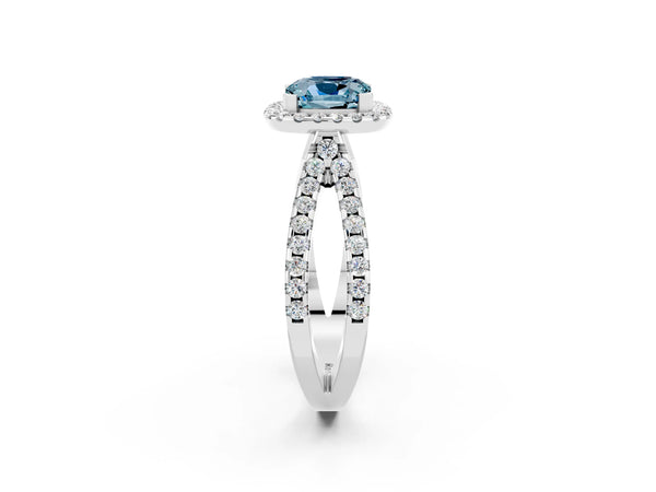 Silver Cushion Cut Aquamarine Halo Ring with Split Shank Pavé Band and Prong Setting