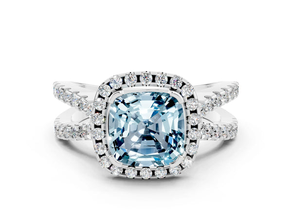Silver Cushion Cut Aquamarine Halo Ring with Split Shank Pavé Band and Prong Setting