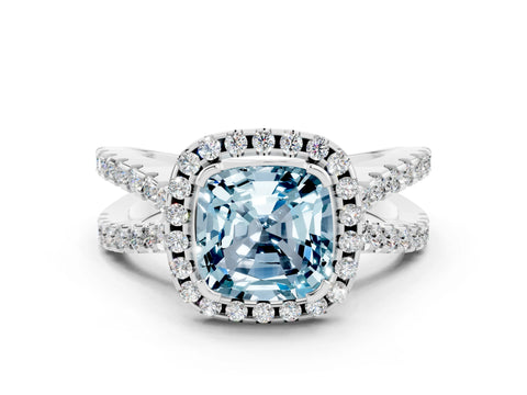 White gold Cushion Cut Aquamarine Halo Ring with Split Shank Pavé Band and Prong Setting