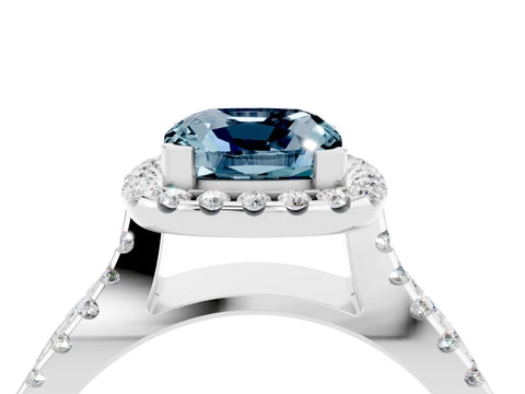 White gold Cushion Cut Aquamarine Halo Ring with Split Shank Pavé Band and Prong Setting_4