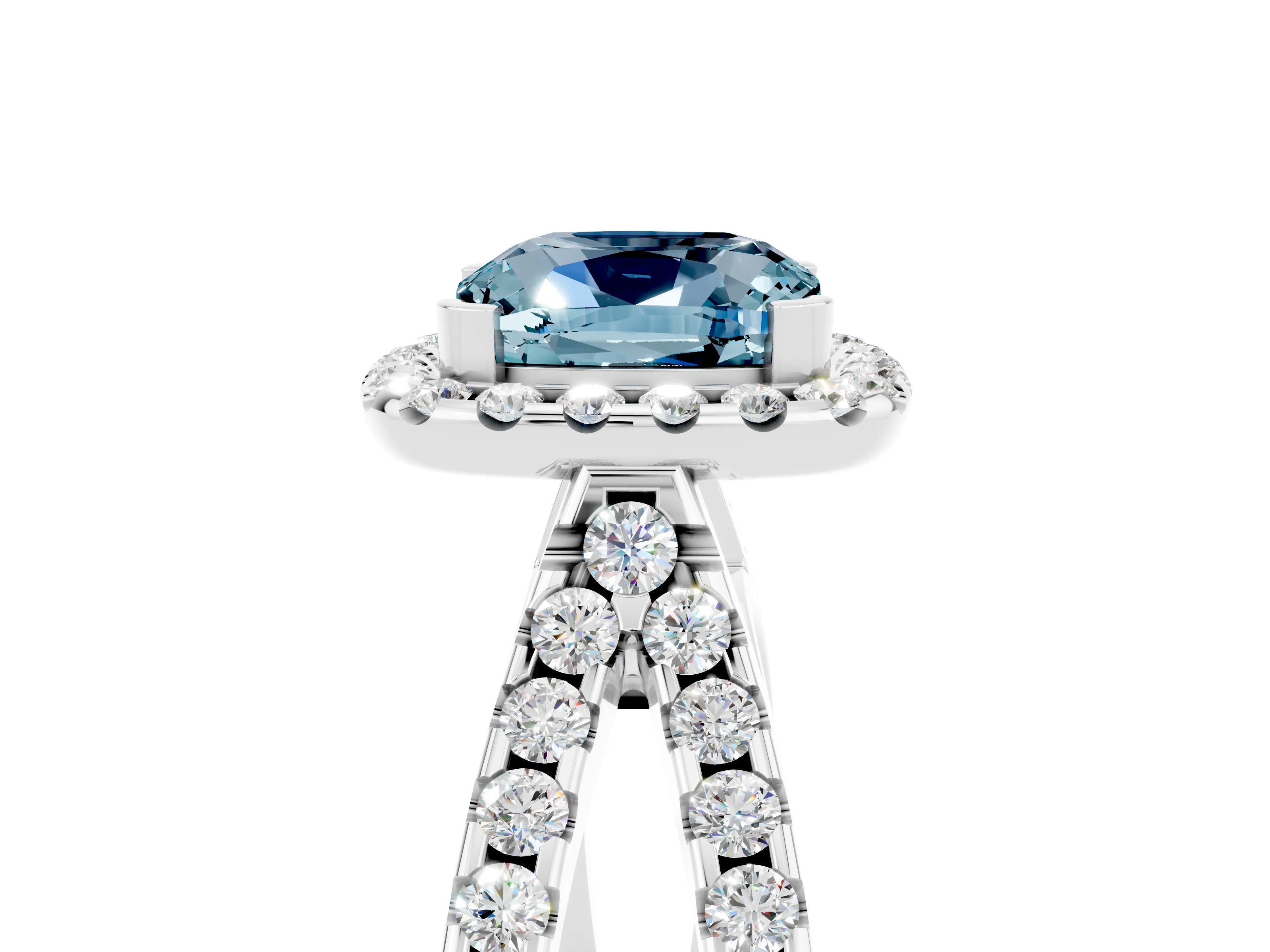 White gold Cushion Cut Aquamarine Halo Ring with Split Shank Pavé Band and Prong Setting_5