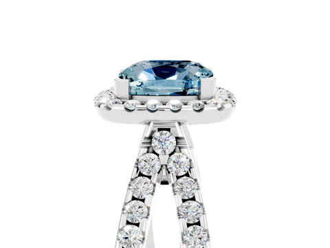 White gold Cushion Cut Aquamarine Halo Ring with Split Shank Pavé Band and Prong Setting_5