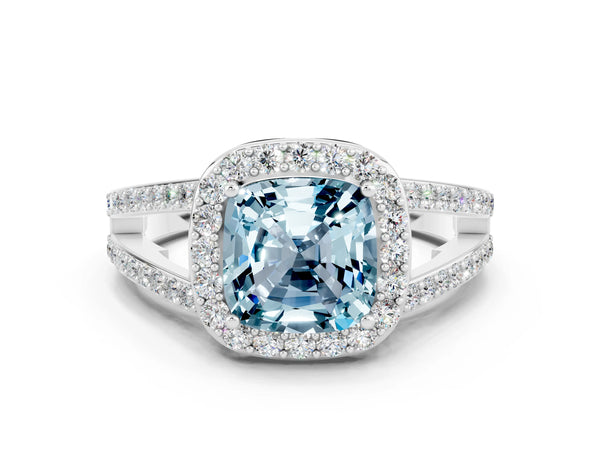 Platinum Cushion Cut Aquamarine Halo Ring with Split Shank U-Prong Band and Four-Prong Setting