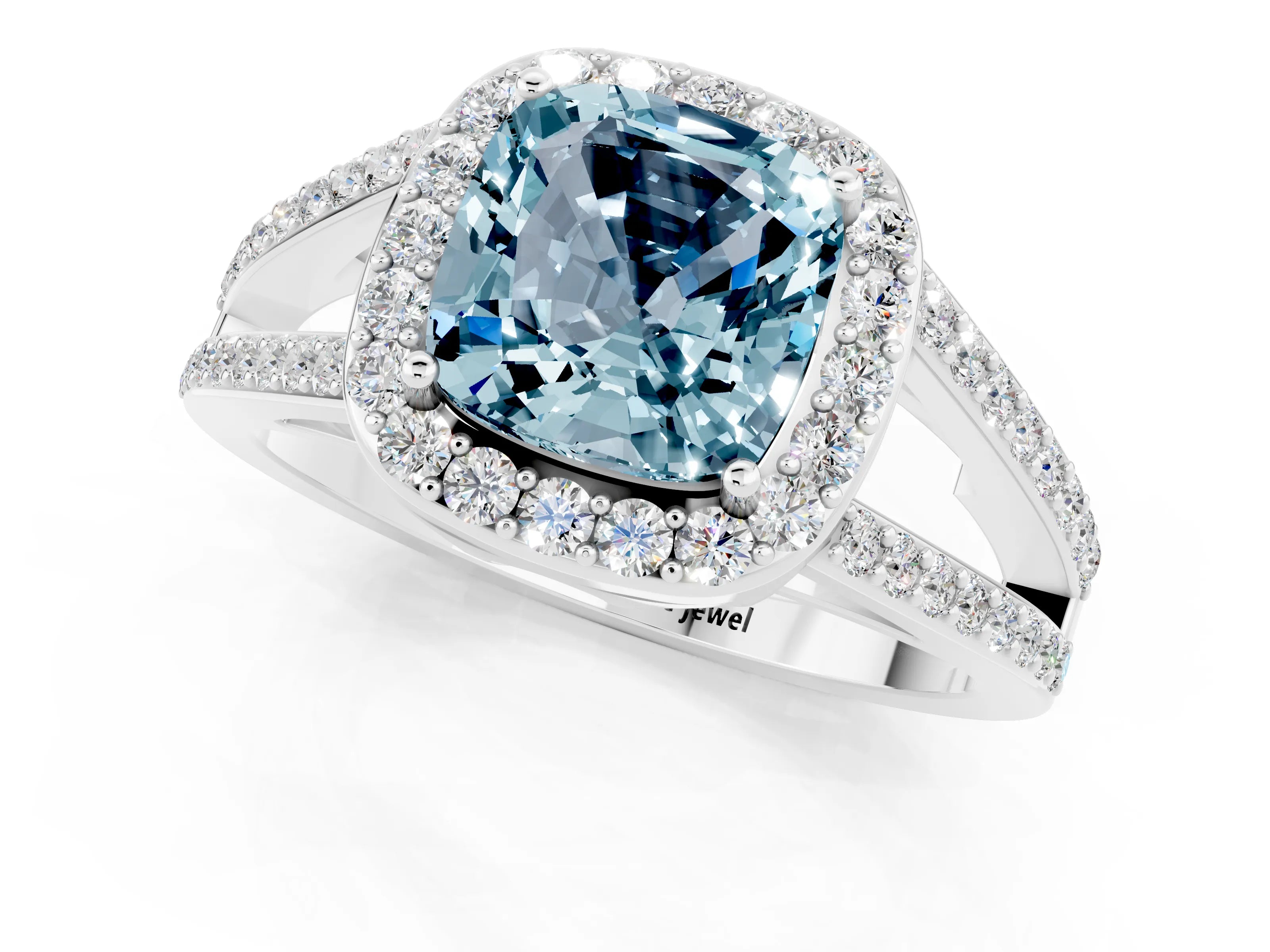 White gold Cushion Cut Aquamarine Halo Ring with Split Shank U-Prong Band and Four-Prong Setting_1