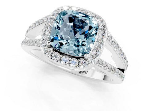 White gold Cushion Cut Aquamarine Halo Ring with Split Shank U-Prong Band and Four-Prong Setting_1