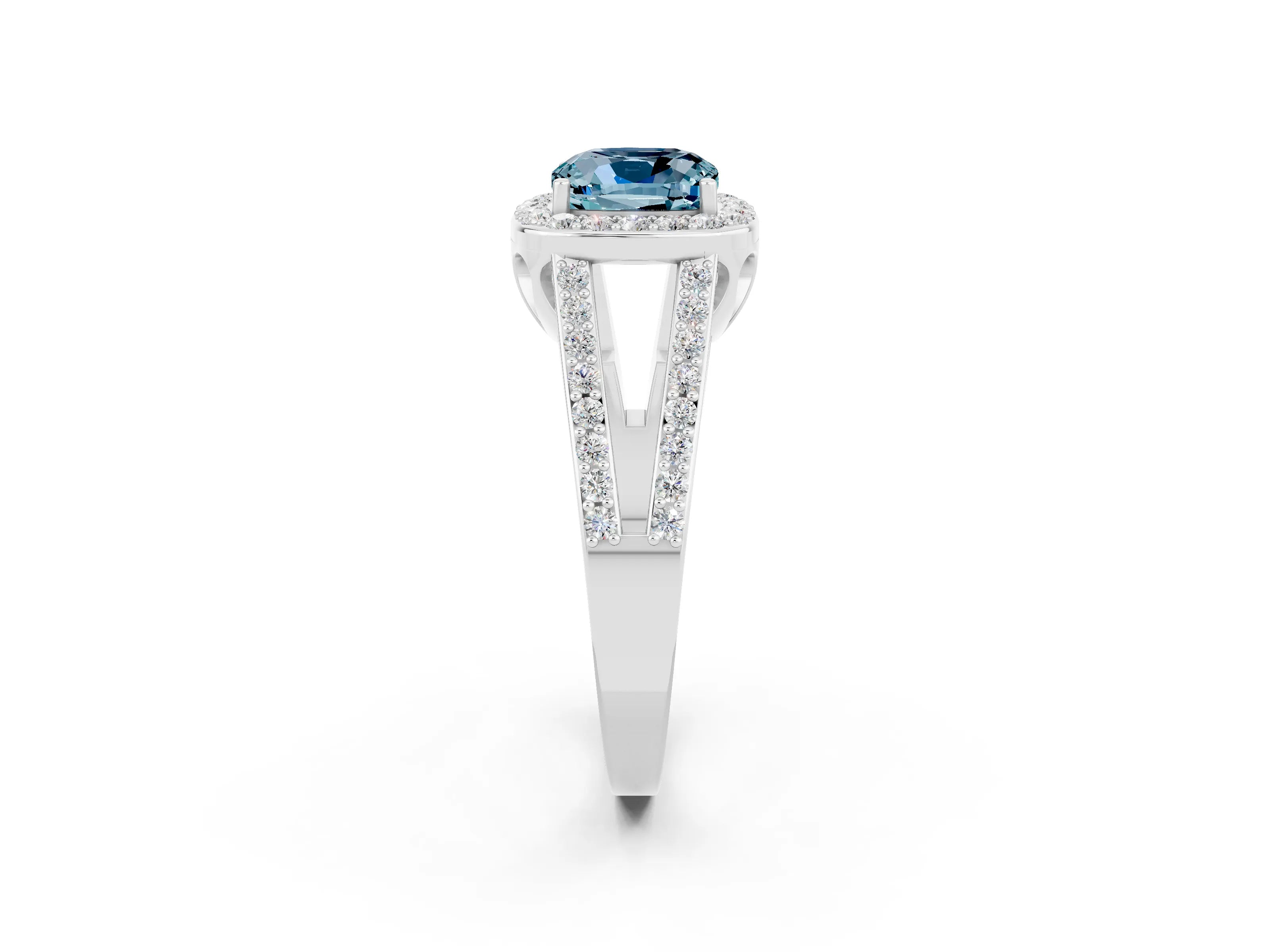 White gold Cushion Cut Aquamarine Halo Ring with Split Shank U-Prong Band and Four-Prong Setting_2