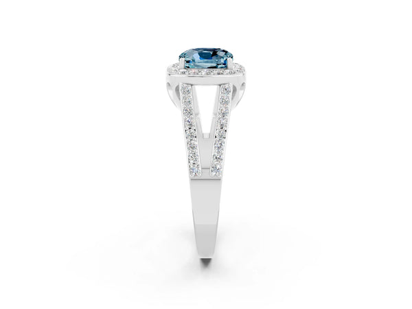 White gold Cushion Cut Aquamarine Halo Ring with Split Shank U-Prong Band and Four-Prong Setting