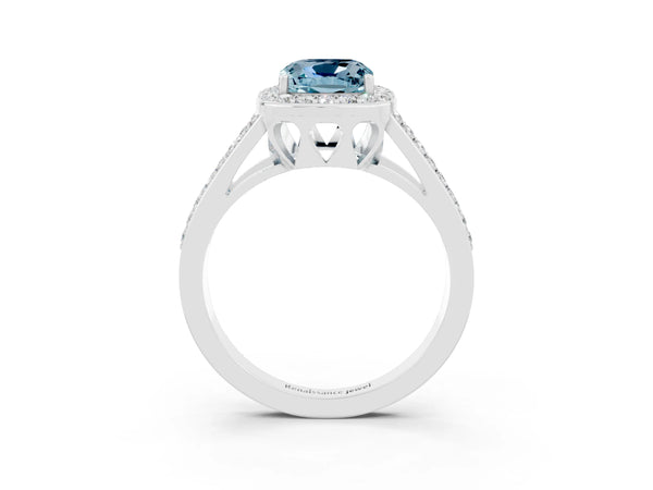 Platinum Cushion Cut Aquamarine Halo Ring with Split Shank U-Prong Band and Four-Prong Setting