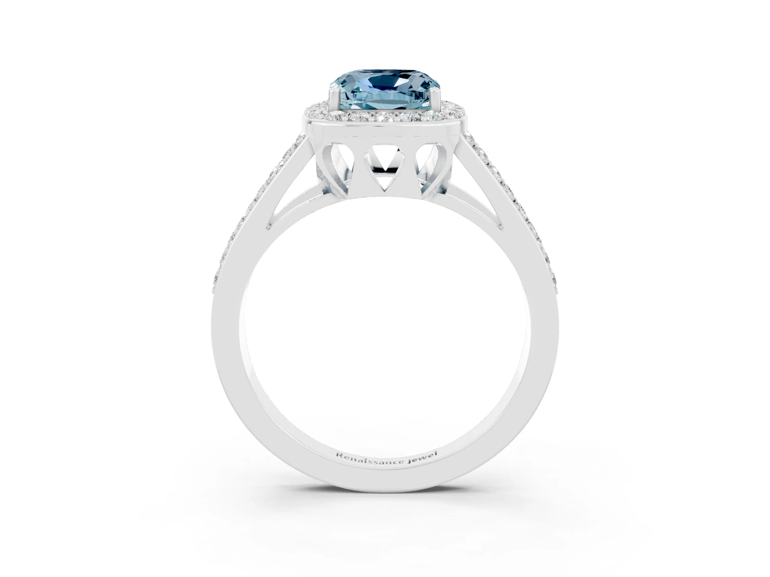 White gold Cushion Cut Aquamarine Halo Ring with Split Shank U-Prong Band and Four-Prong Setting_3