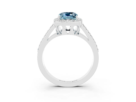 White gold Cushion Cut Aquamarine Halo Ring with Split Shank U-Prong Band and Four-Prong Setting_3