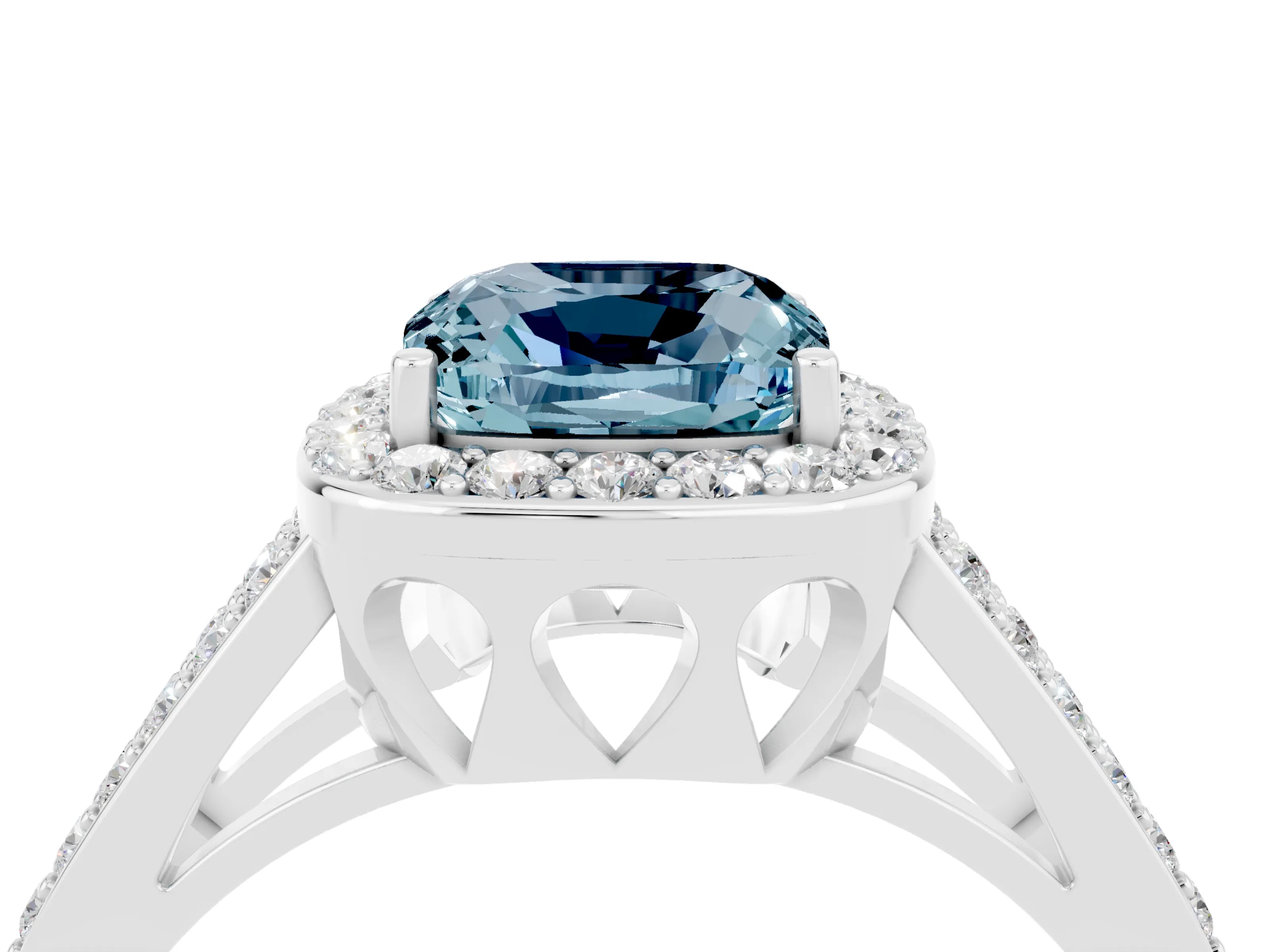 White gold Cushion Cut Aquamarine Halo Ring with Split Shank U-Prong Band and Four-Prong Setting_4