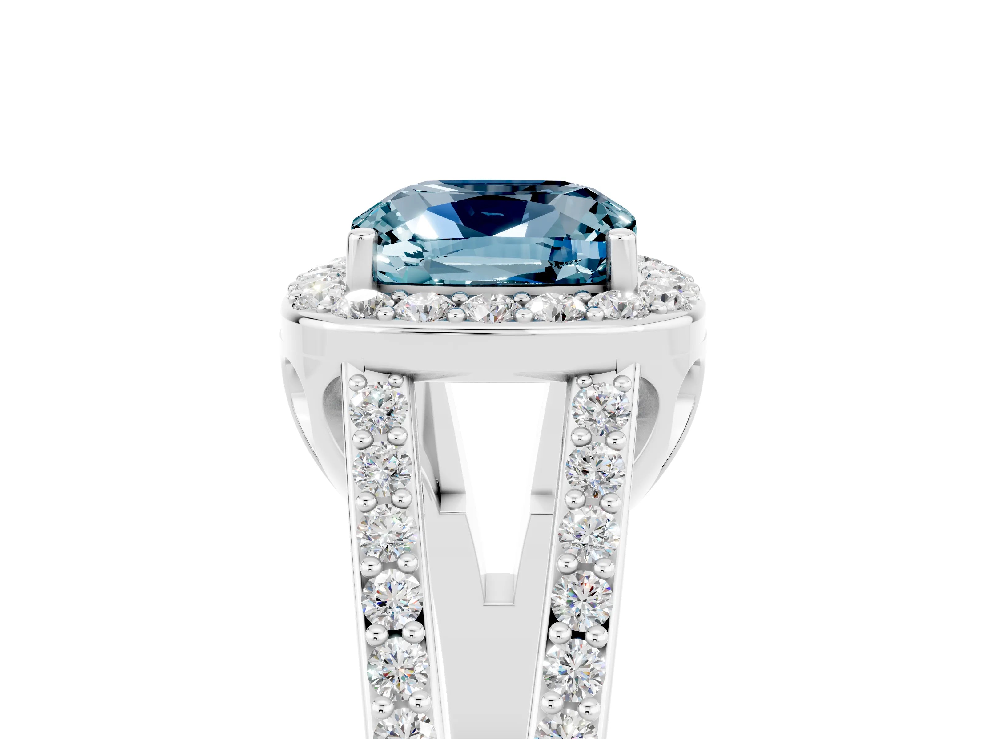 White gold Cushion Cut Aquamarine Halo Ring with Split Shank U-Prong Band and Four-Prong Setting_5