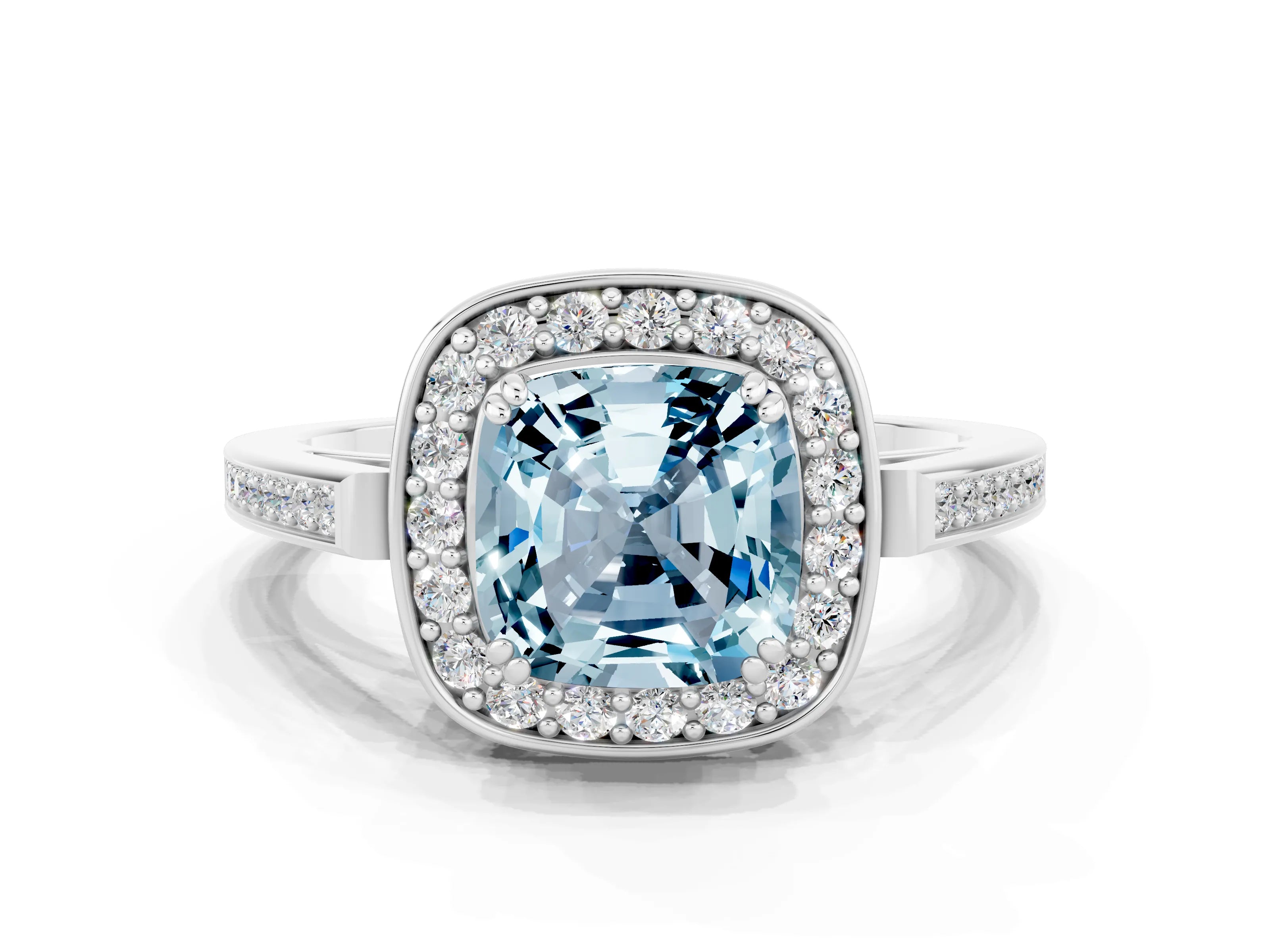 White gold Cushion Cut Aquamarine Halo Ring with Split Shank and Four-Prong Setting