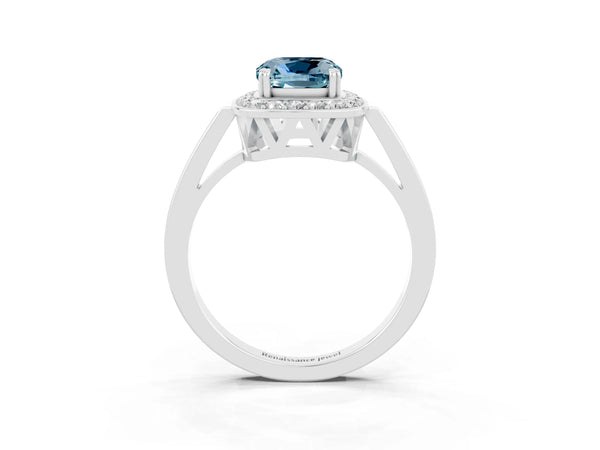Platinum Cushion Cut Aquamarine Halo Ring with Split Shank and Four-Prong Setting