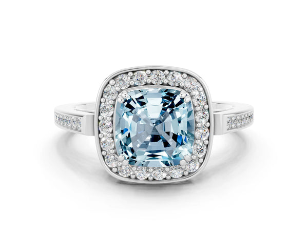 White gold Cushion Cut Aquamarine Halo Ring with Split Shank and Four-Prong Setting