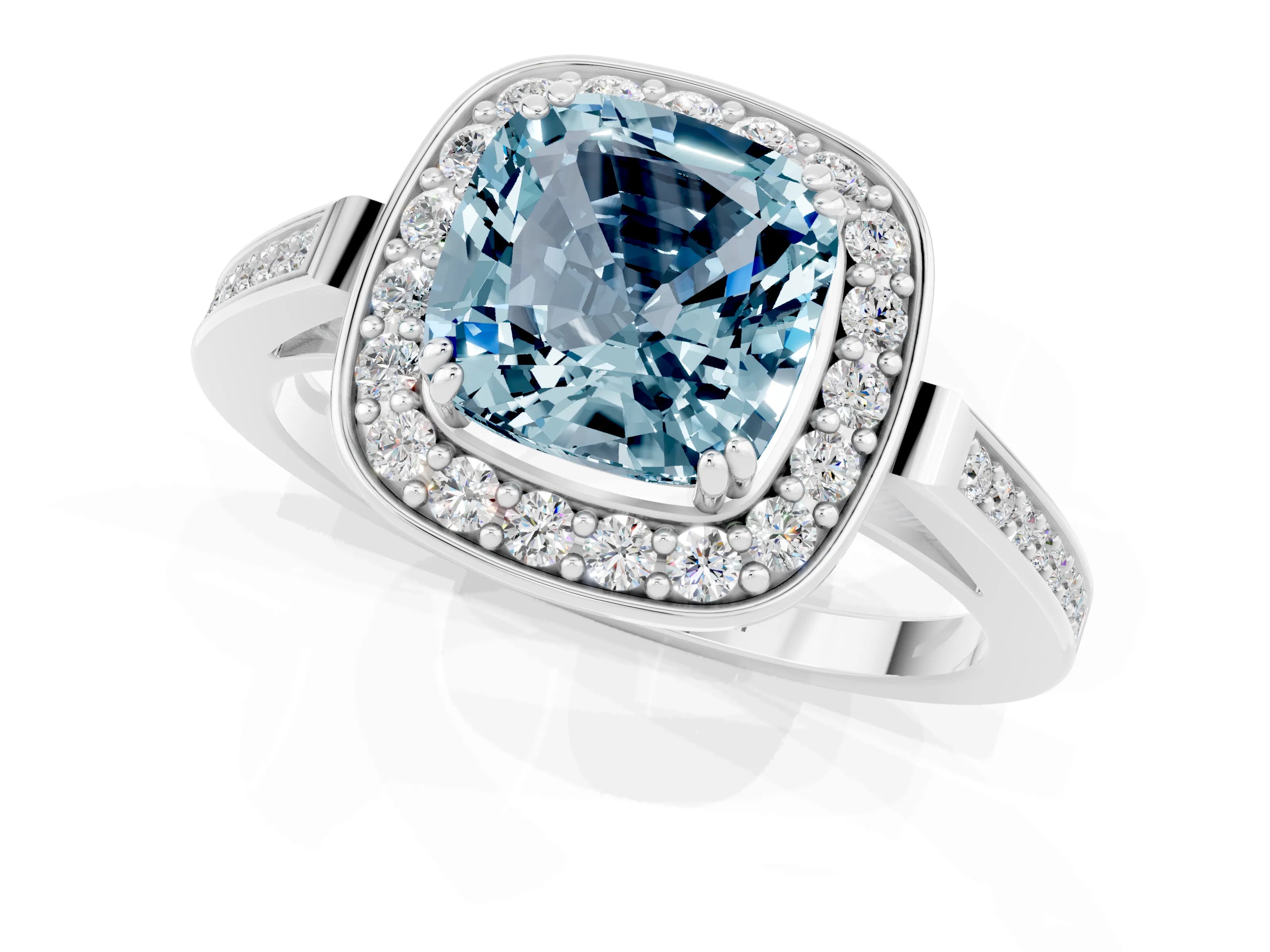 White gold Cushion Cut Aquamarine Halo Ring with Split Shank and Four-Prong Setting_19
