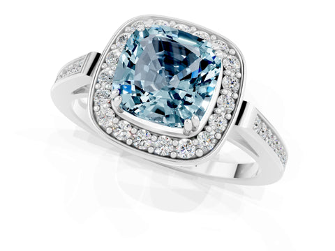 White gold Cushion Cut Aquamarine Halo Ring with Split Shank and Four-Prong Setting_19