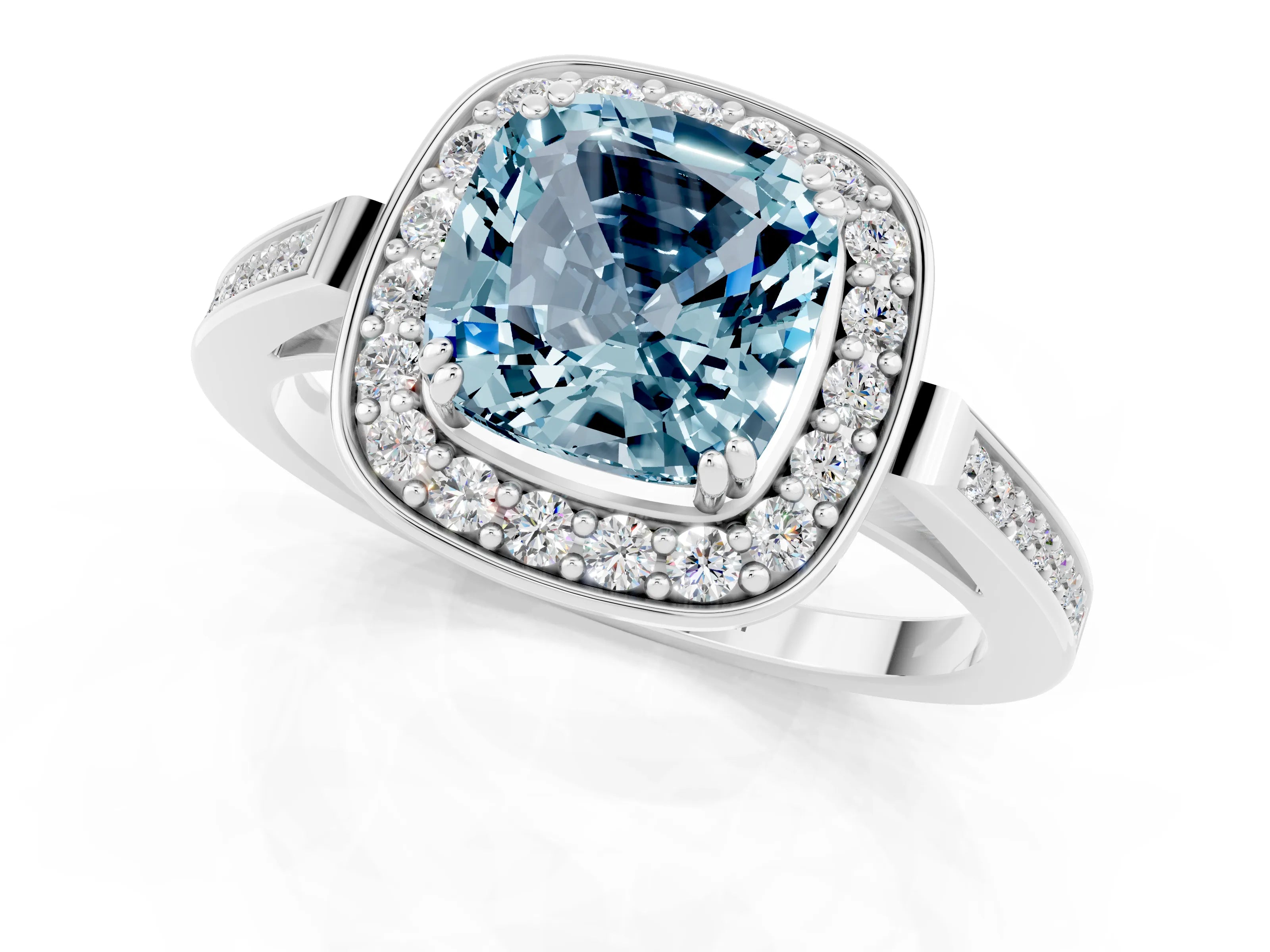 White gold Cushion Cut Aquamarine Halo Ring with Split Shank and Four-Prong Setting_1