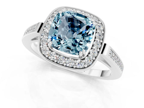 White gold Cushion Cut Aquamarine Halo Ring with Split Shank and Four-Prong Setting_1