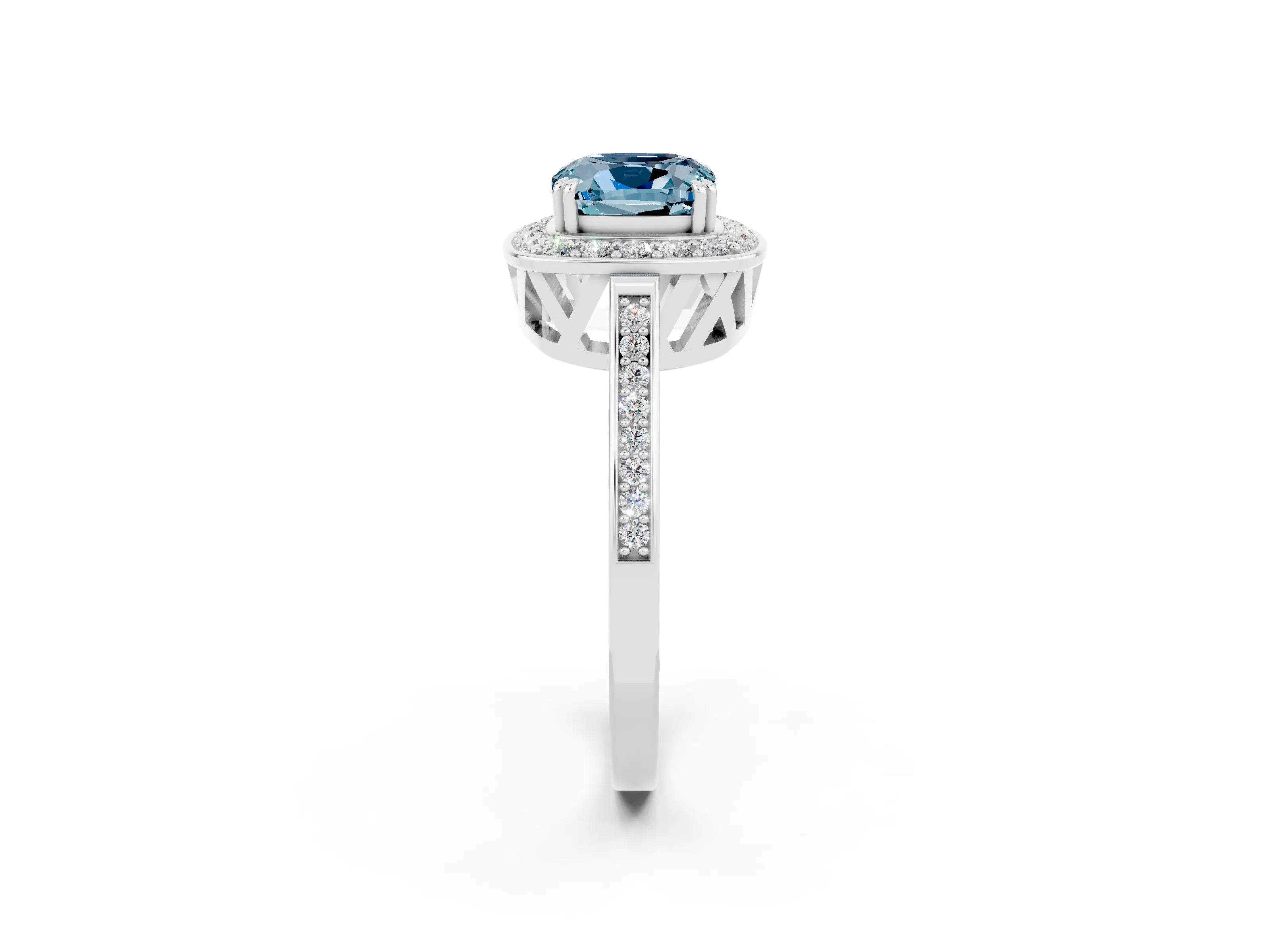 White gold Cushion Cut Aquamarine Halo Ring with Split Shank and Four-Prong Setting_2