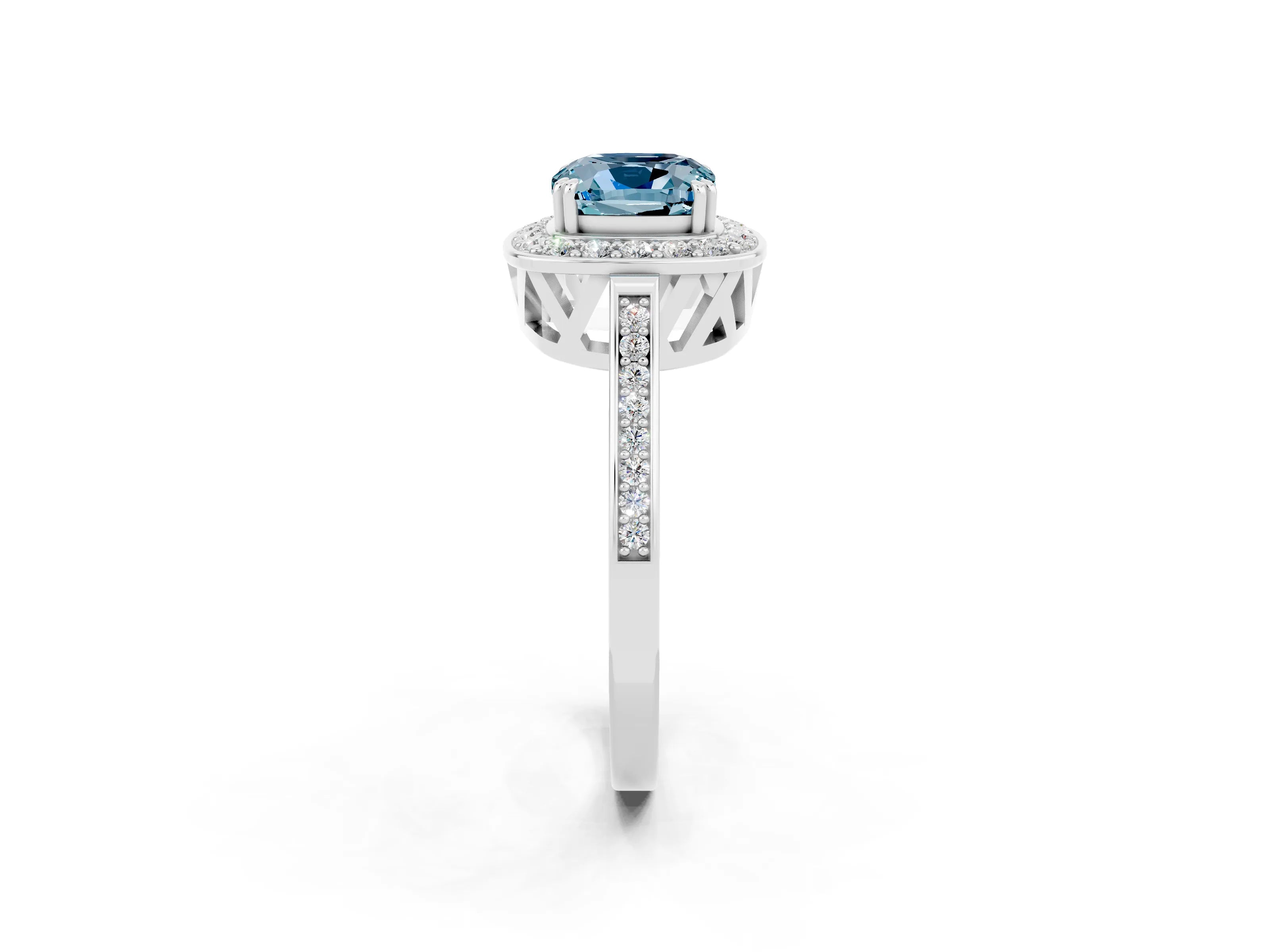 White gold Cushion Cut Aquamarine Halo Ring with Split Shank and Four-Prong Setting_20