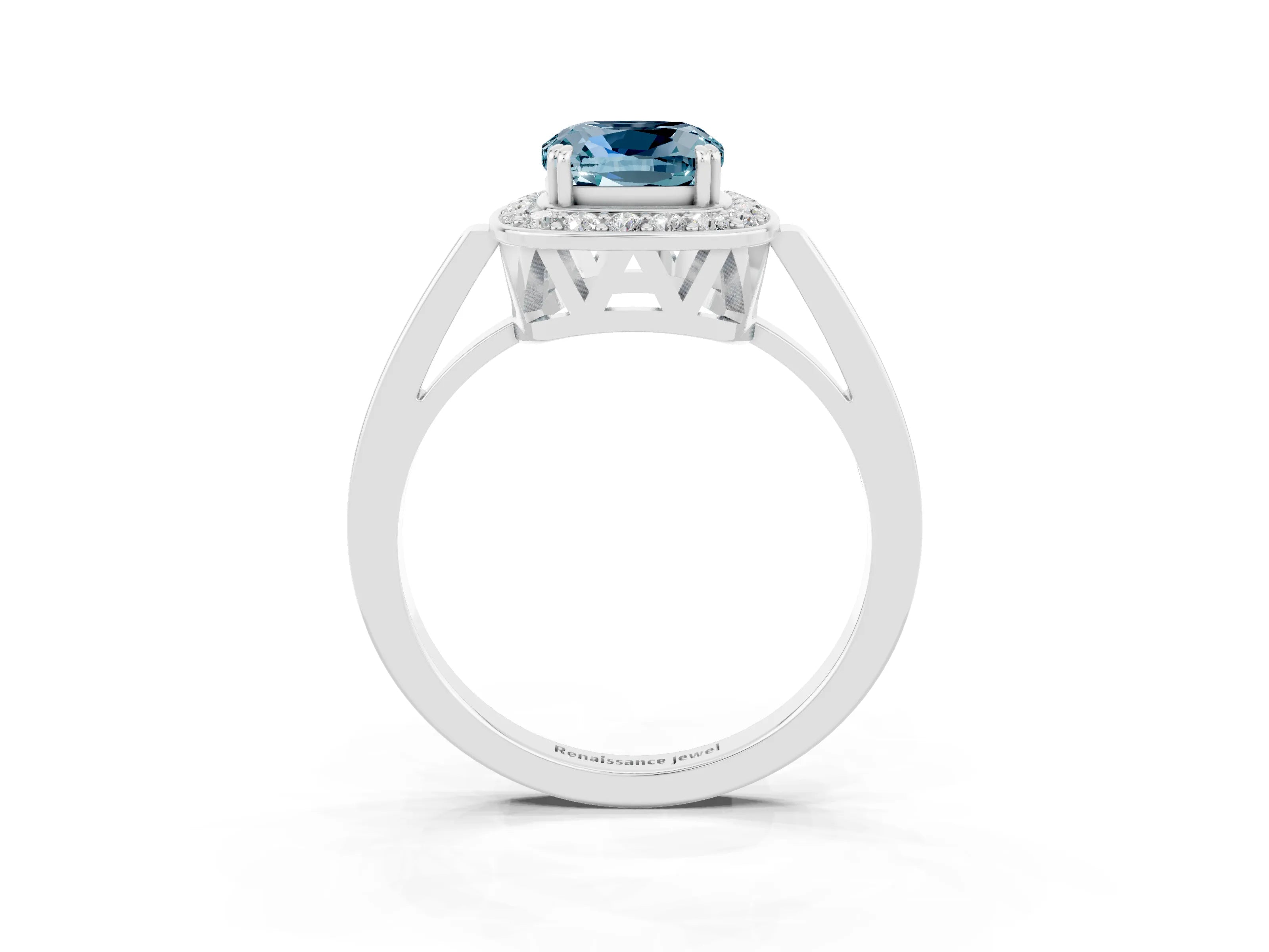 White gold Cushion Cut Aquamarine Halo Ring with Split Shank and Four-Prong Setting_21