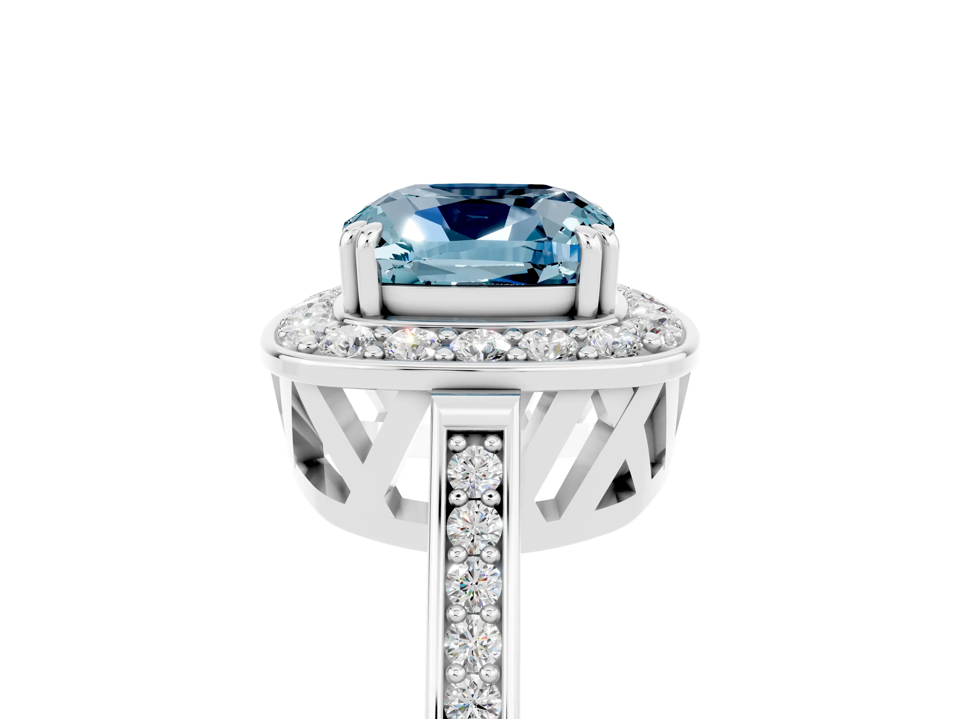 White gold Cushion Cut Aquamarine Halo Ring with Split Shank and Four-Prong Setting_23