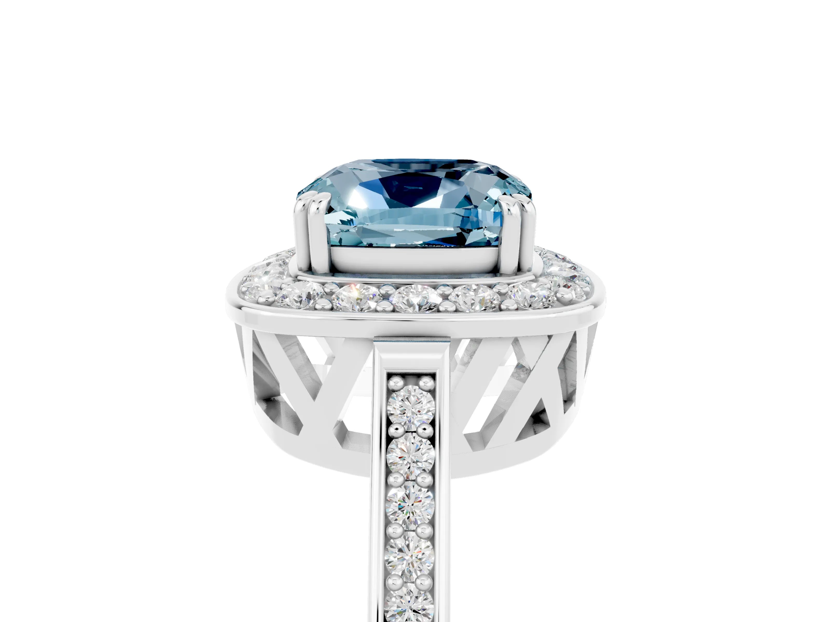 White gold Cushion Cut Aquamarine Halo Ring with Split Shank and Four-Prong Setting_5
