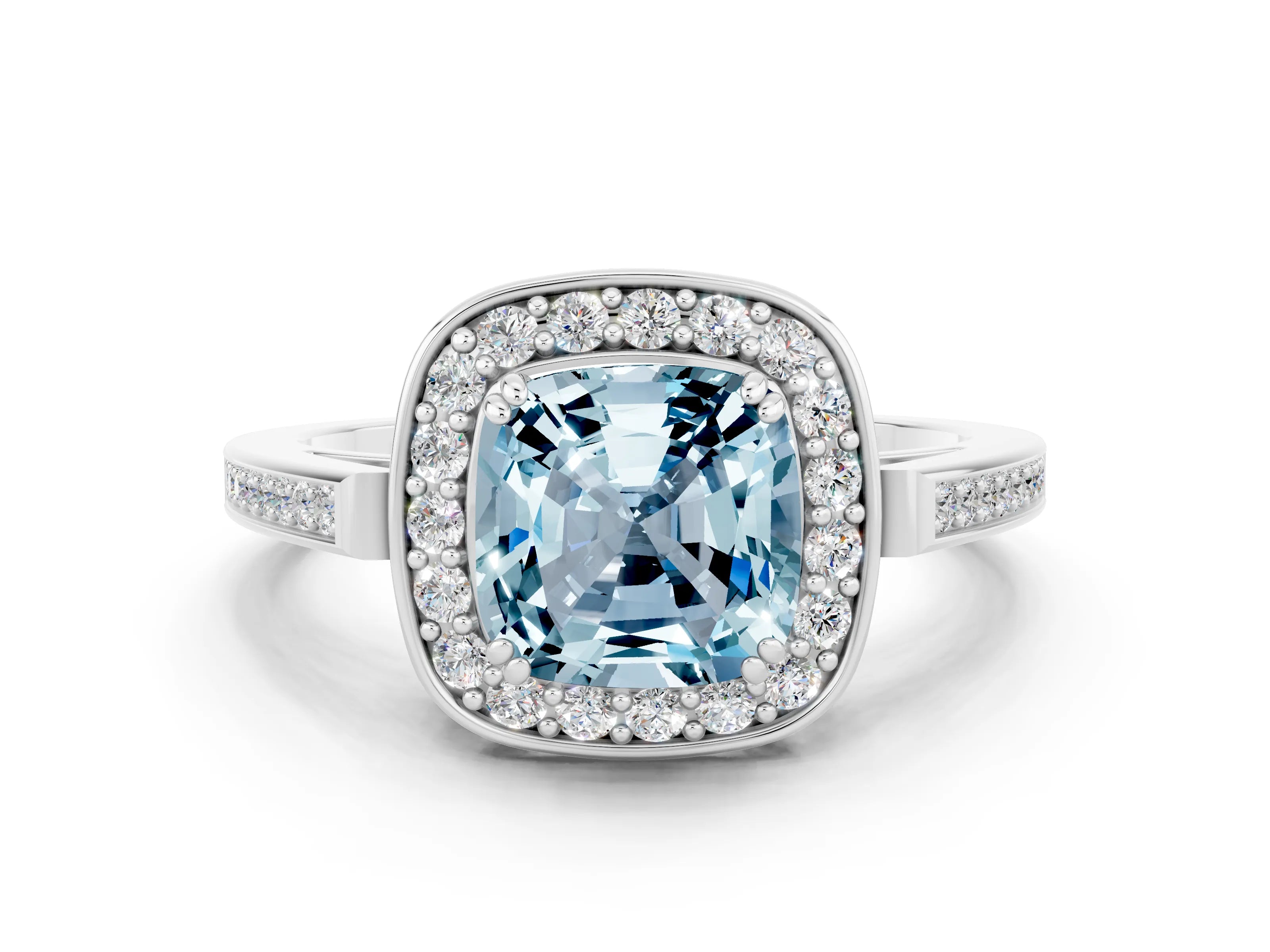 White gold Cushion Cut Aquamarine Halo Ring with Split Shank and Four-Prong Setting_6