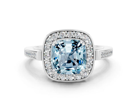 White gold Cushion Cut Aquamarine Halo Ring with Split Shank and Four-Prong Setting_7