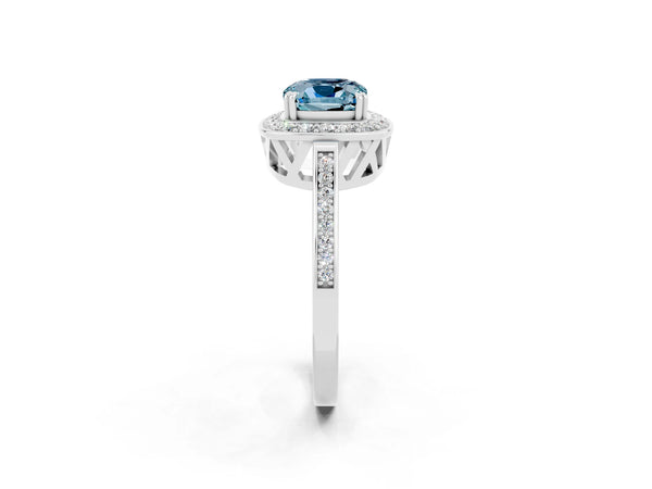 Silver Cushion Cut Aquamarine Halo Ring with Split Shank and Four-Prong Setting