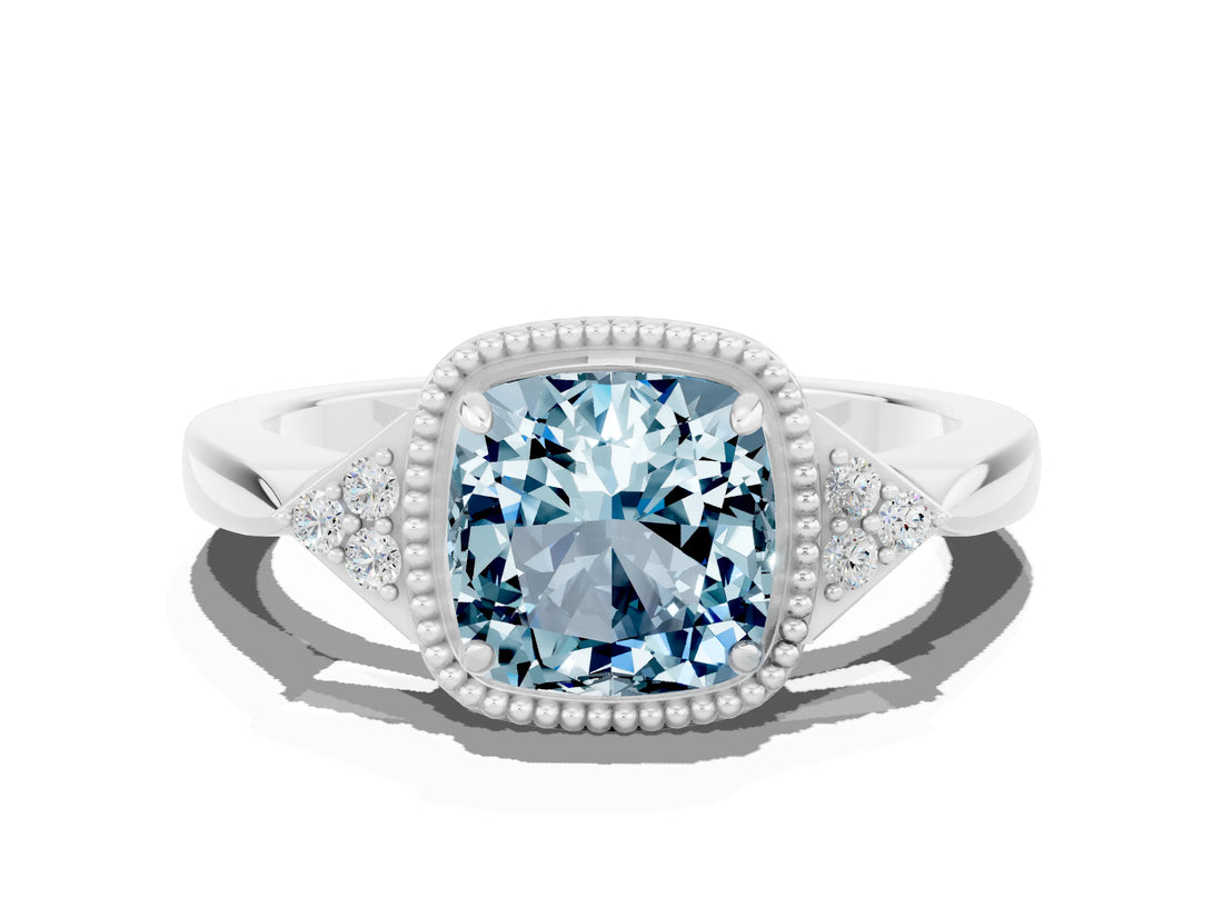 White gold Cushion Cut Aquamarine Halo Ring with Tapered Band and Four-Prong Setting